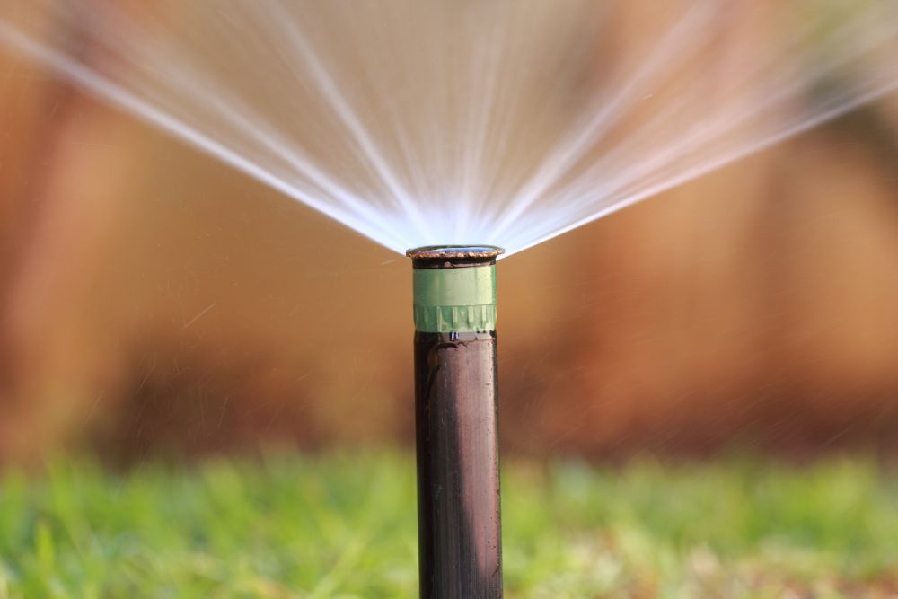 A sprinkler sprays water over a lush green lawn, creating a refreshing scene on a sunny day.