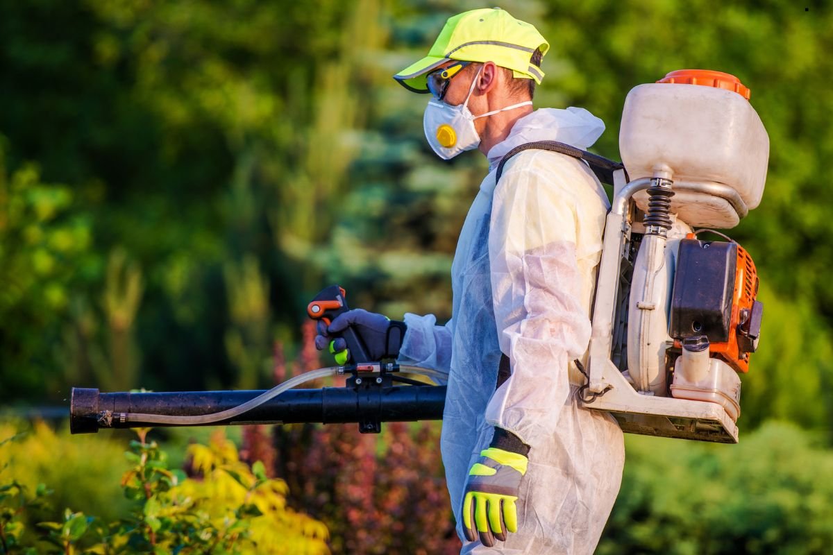 A worker in protective gear operates a backpack blower in a lush garden setting, surrounded by vibrant greenery.